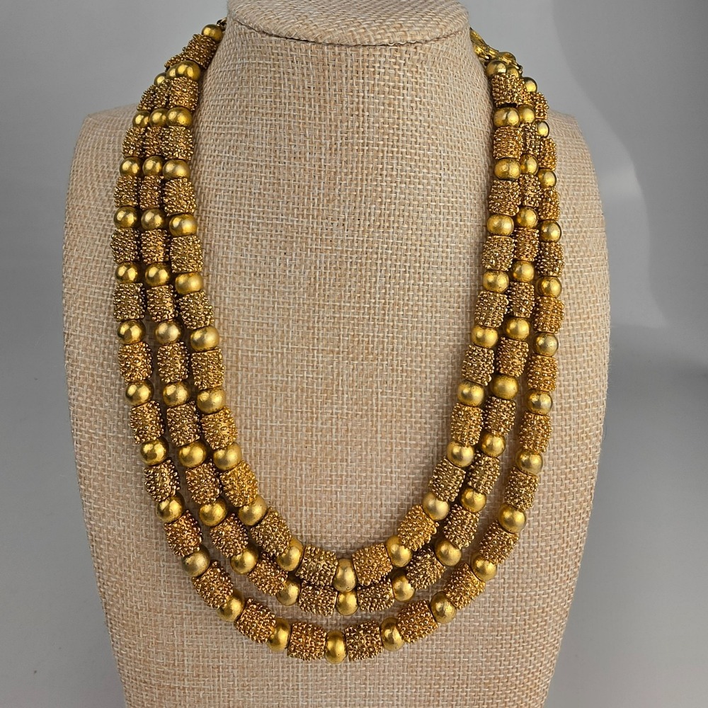 Vintage Signed Trifari Gold Tone Triple Strand Textured Beaded Necklace Lovely